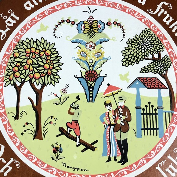 Vintage 1964 Berggren 12" Round Norwegian Rosemailing Wood Wall Plaque Signed - Picture 2 of 8